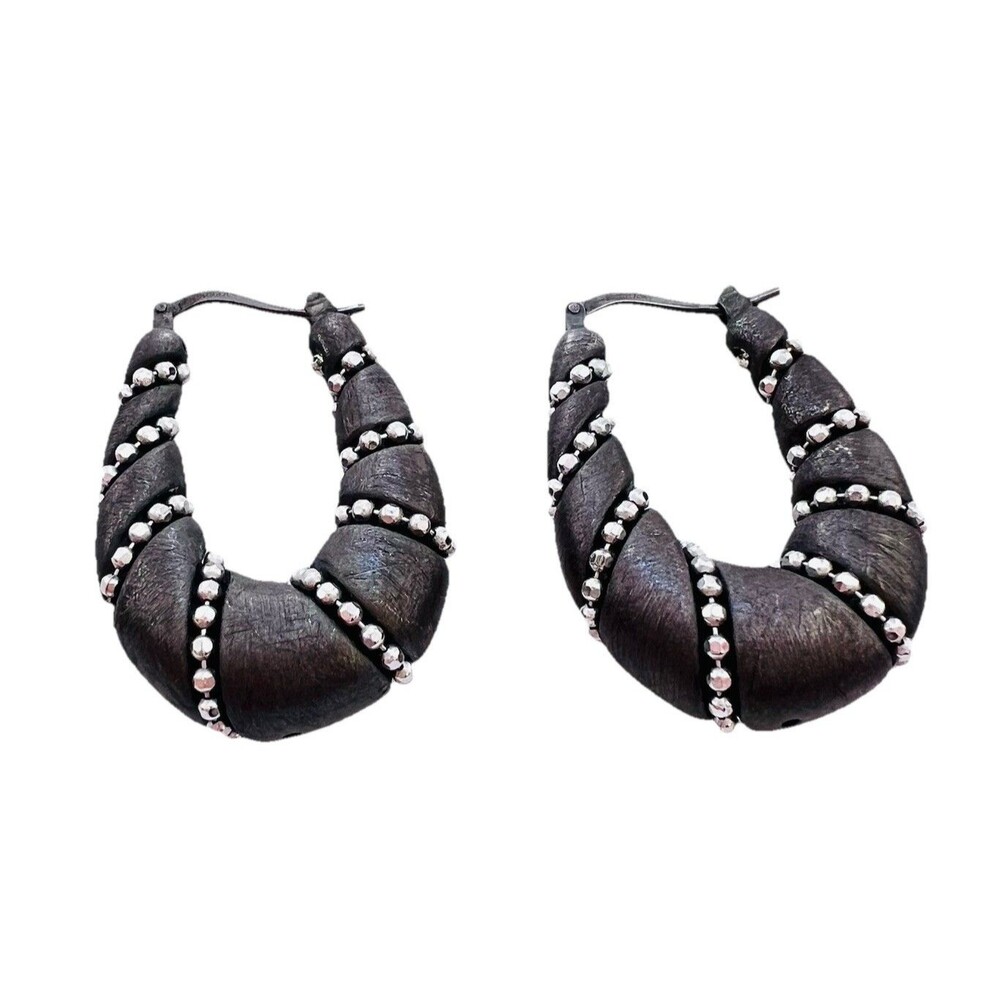 JCM Italy Sterling Silver Twisted Hoop Teardrop Earrings Oxidized Beaded